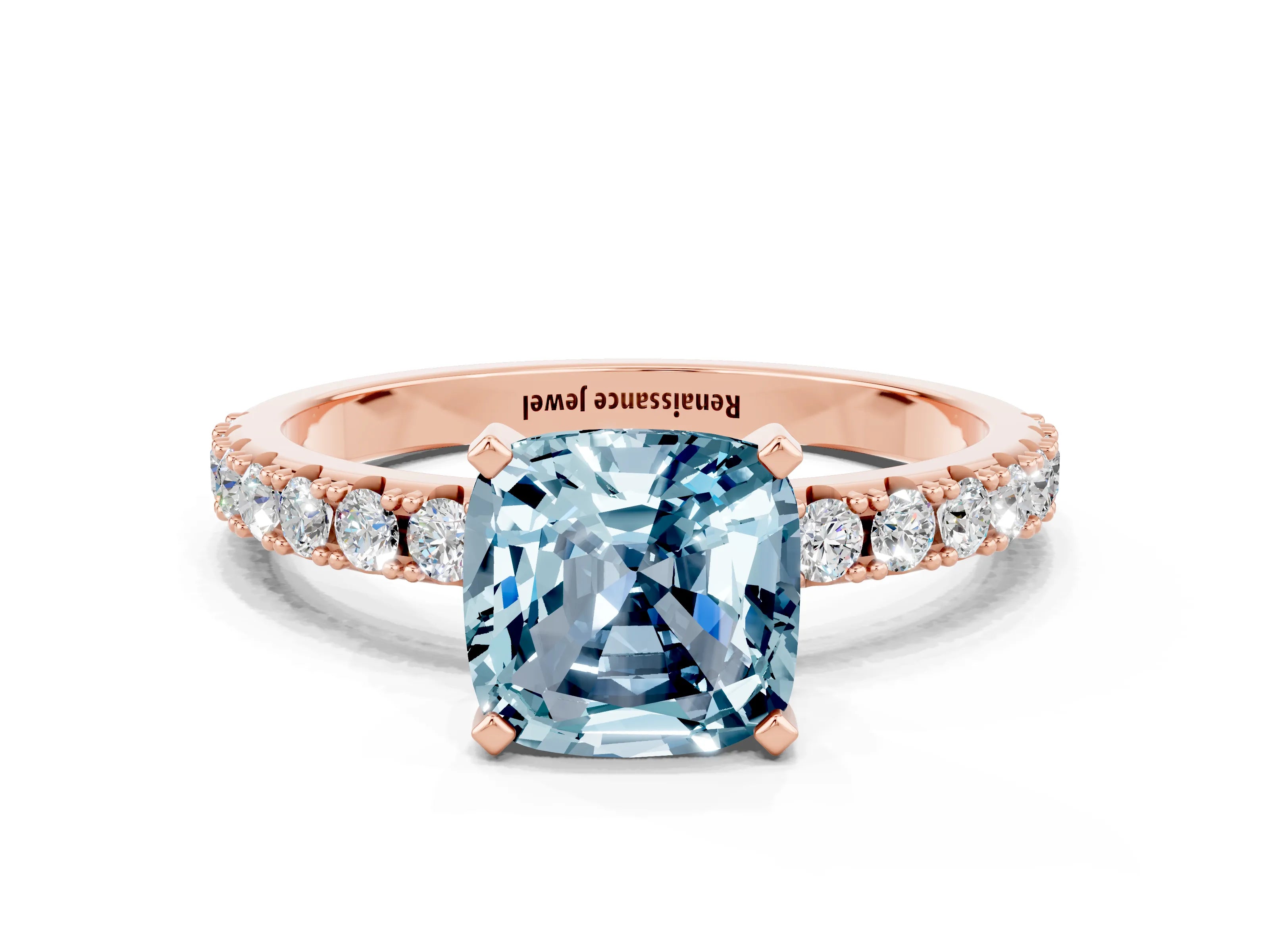 Rose gold Cushion Cut Aquamarine Solitaire Pavé Band with Four-Prong Setting