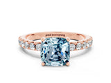 Rose gold Cushion Cut Aquamarine Solitaire Pavé Band with Four-Prong Setting