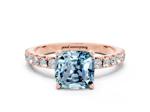 Rose gold Cushion Cut Aquamarine Solitaire Pavé Band with Four-Prong Setting