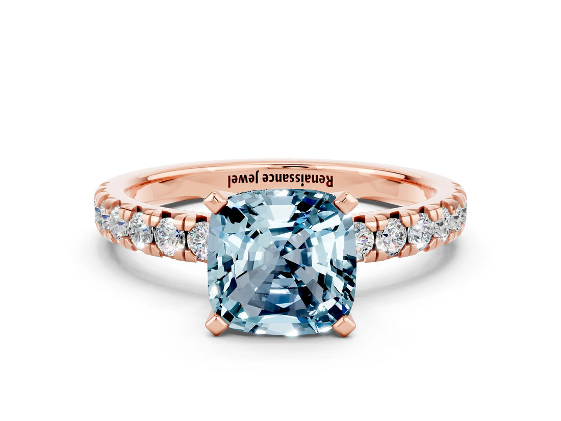Rose gold Cushion Cut Aquamarine Solitaire Pavé Engagement Ring with Round Band and Prong Setting_72