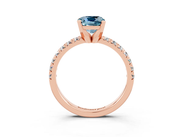Rose gold Cushion Cut Aquamarine Solitaire Pavé Engagement Ring with Round Band and Prong Setting
