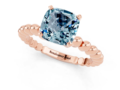 Rose gold Cushion Cut Aquamarine Solitaire Ring with Beaded Band and Prong Setting_1