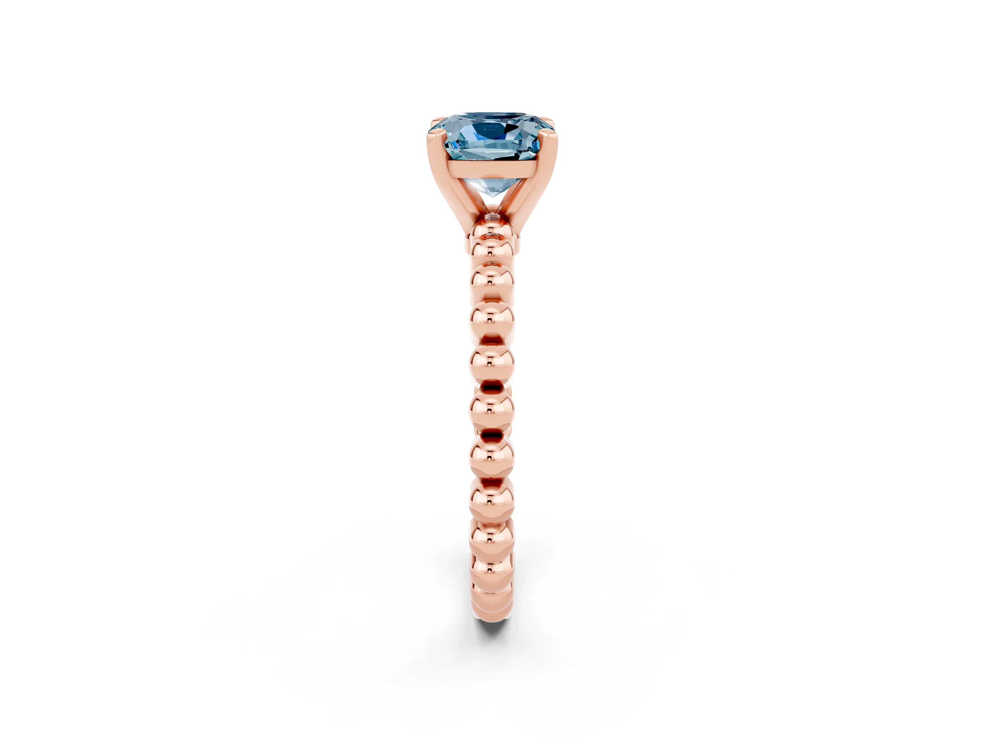Rose gold Cushion Cut Aquamarine Solitaire Ring with Beaded Band and Prong Setting_2