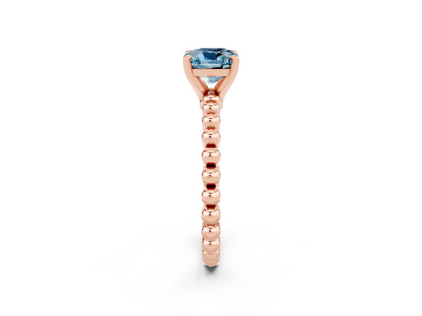 Rose gold Cushion Cut Aquamarine Solitaire Ring with Beaded Band and Prong Setting