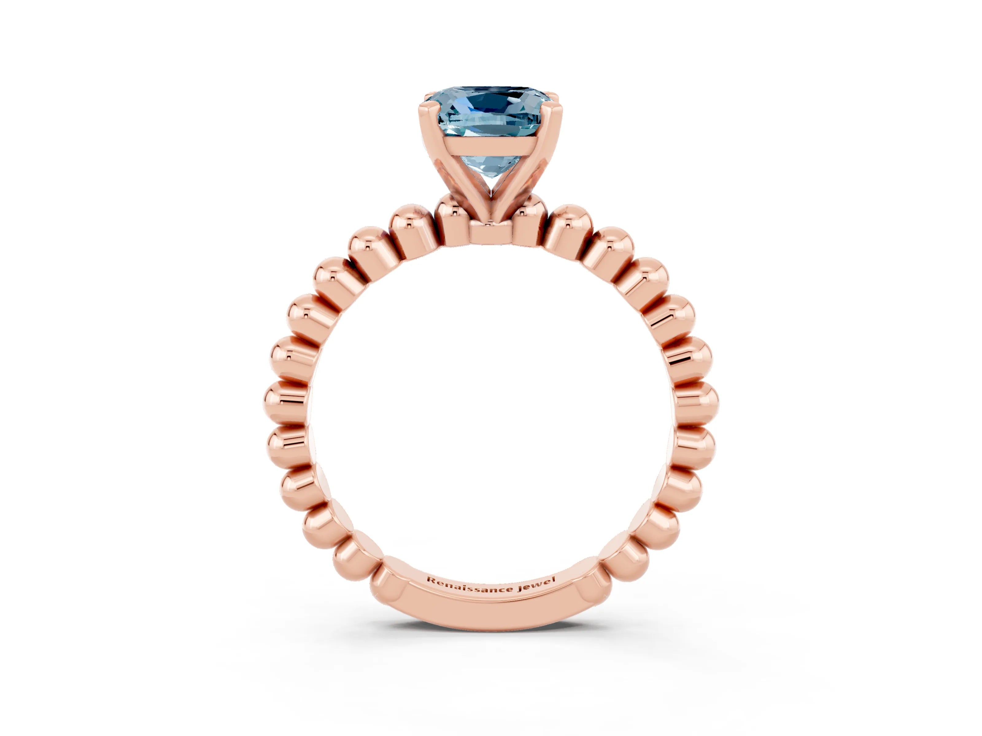 Rose gold Cushion Cut Aquamarine Solitaire Ring with Beaded Band and Prong Setting_3