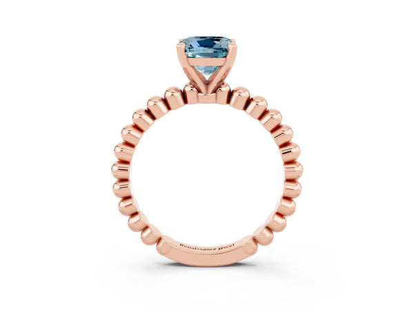Rose gold Cushion Cut Aquamarine Solitaire Ring with Beaded Band and Prong Setting