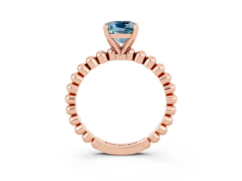 Rose gold Cushion Cut Aquamarine Solitaire Ring with Beaded Band and Prong Setting_3