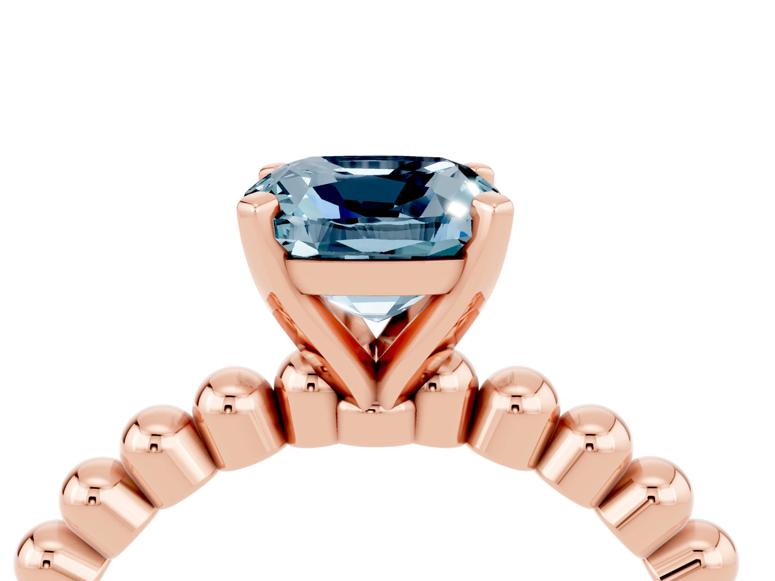 Rose gold Cushion Cut Aquamarine Solitaire Ring with Beaded Band and Prong Setting_4