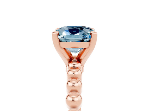 Rose gold Cushion Cut Aquamarine Solitaire Ring with Beaded Band and Prong Setting_5