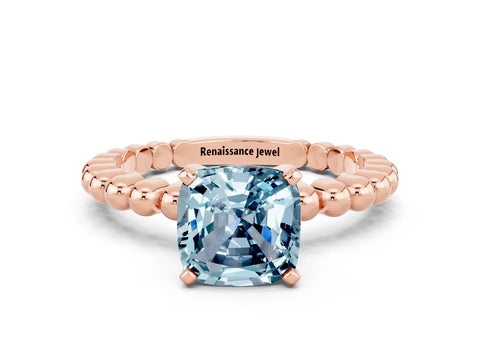 Rose gold Cushion Cut Aquamarine Solitaire Ring with Beaded Band and Prong Setting