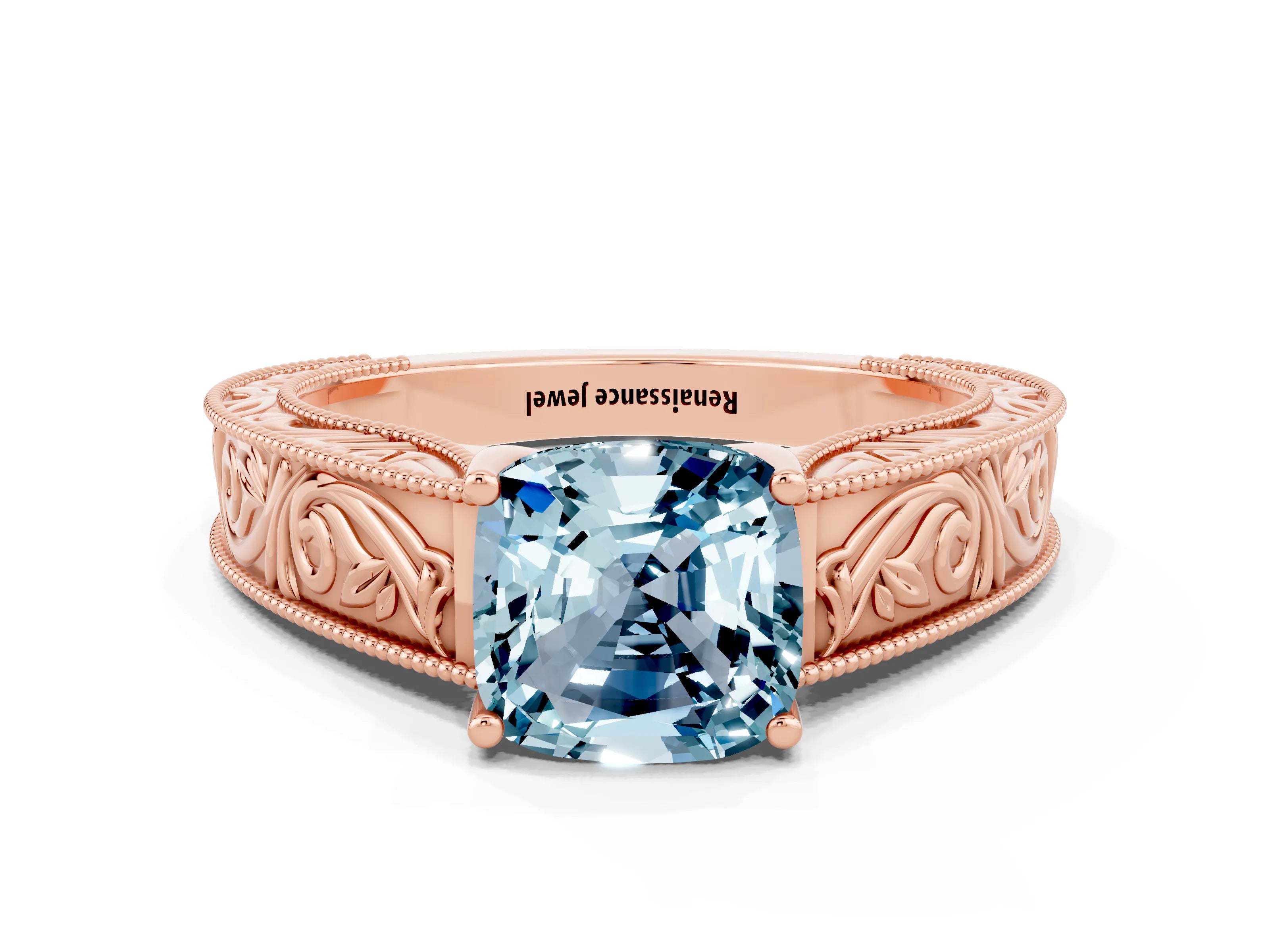 Rose gold Cushion Cut Aquamarine Solitaire Ring with Engraved Band and Four-Prong Setting