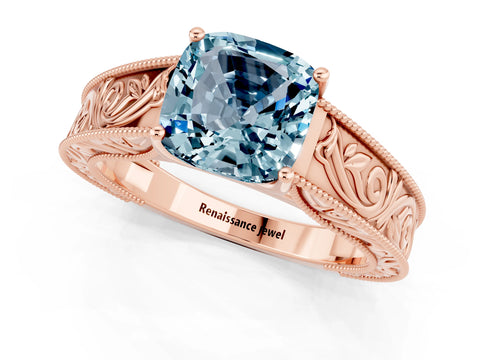 Rose gold Cushion Cut Aquamarine Solitaire Ring with Engraved Band and Four-Prong Setting_1