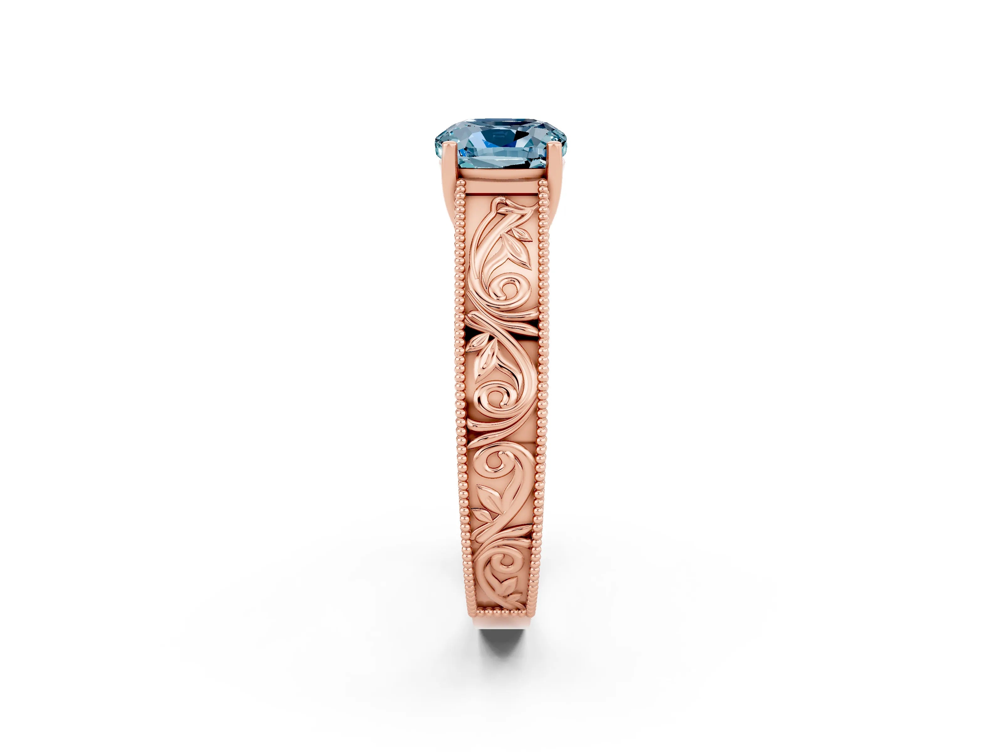 Rose gold Cushion Cut Aquamarine Solitaire Ring with Engraved Band and Four-Prong Setting_2