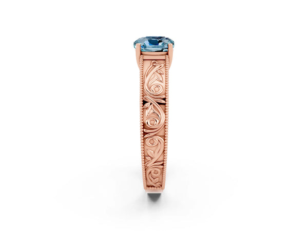 Rose gold Cushion Cut Aquamarine Solitaire Ring with Engraved Band and Four-Prong Setting