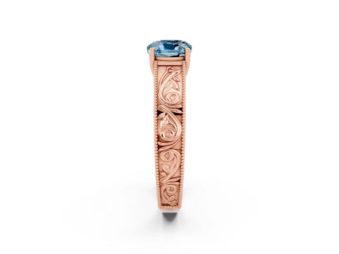 Rose gold Cushion Cut Aquamarine Solitaire Ring with Engraved Band and Four-Prong Setting_2