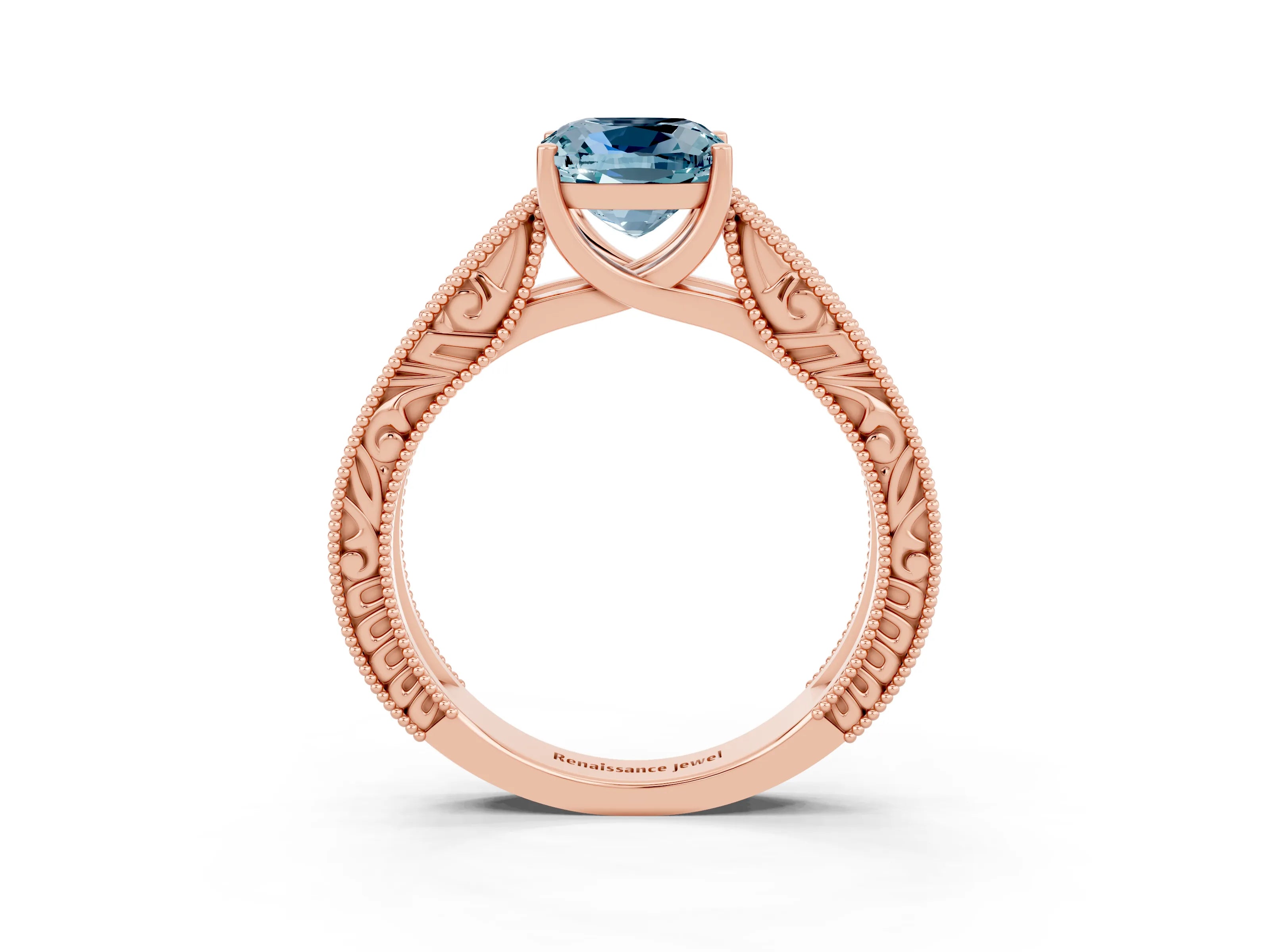 Rose gold Cushion Cut Aquamarine Solitaire Ring with Engraved Band and Four-Prong Setting_3
