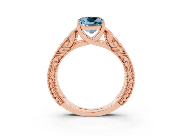 Rose gold Cushion Cut Aquamarine Solitaire Ring with Engraved Band and Four-Prong Setting
