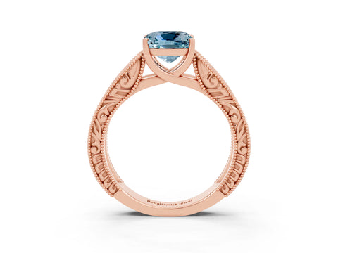 Rose gold Cushion Cut Aquamarine Solitaire Ring with Engraved Band and Four-Prong Setting_3