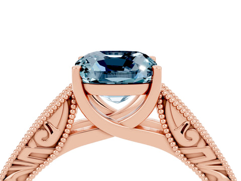 Rose gold Cushion Cut Aquamarine Solitaire Ring with Engraved Band and Four-Prong Setting_4