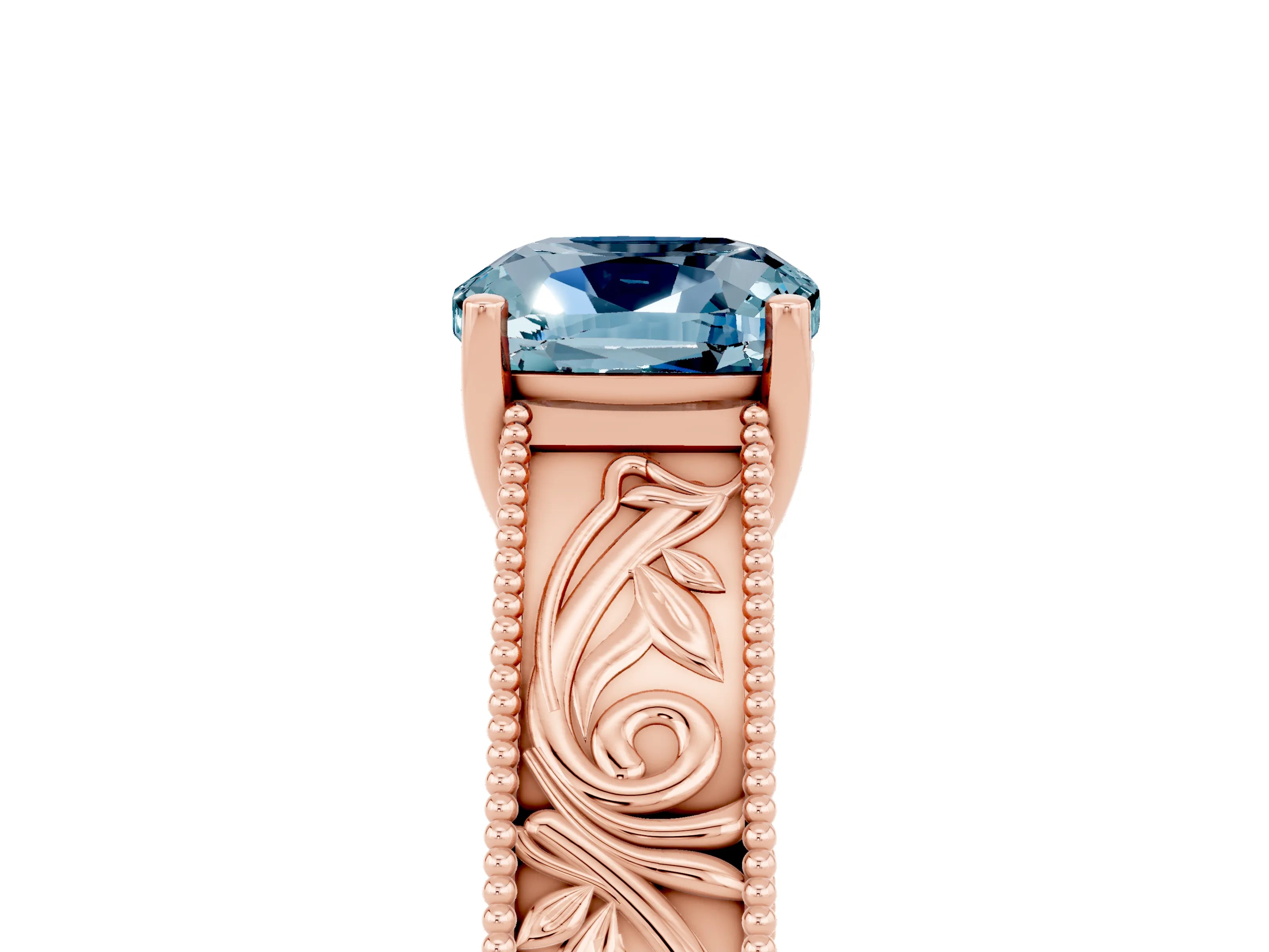 Rose gold Cushion Cut Aquamarine Solitaire Ring with Engraved Band and Four-Prong Setting_5