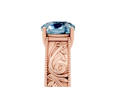 Rose gold Cushion Cut Aquamarine Solitaire Ring with Engraved Band and Four-Prong Setting_5