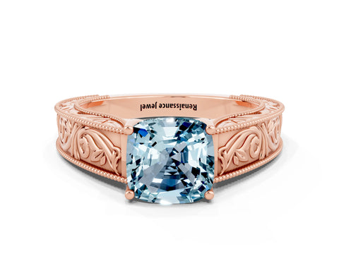 Rose gold Cushion Cut Aquamarine Solitaire Ring with Engraved Band and Four-Prong Setting