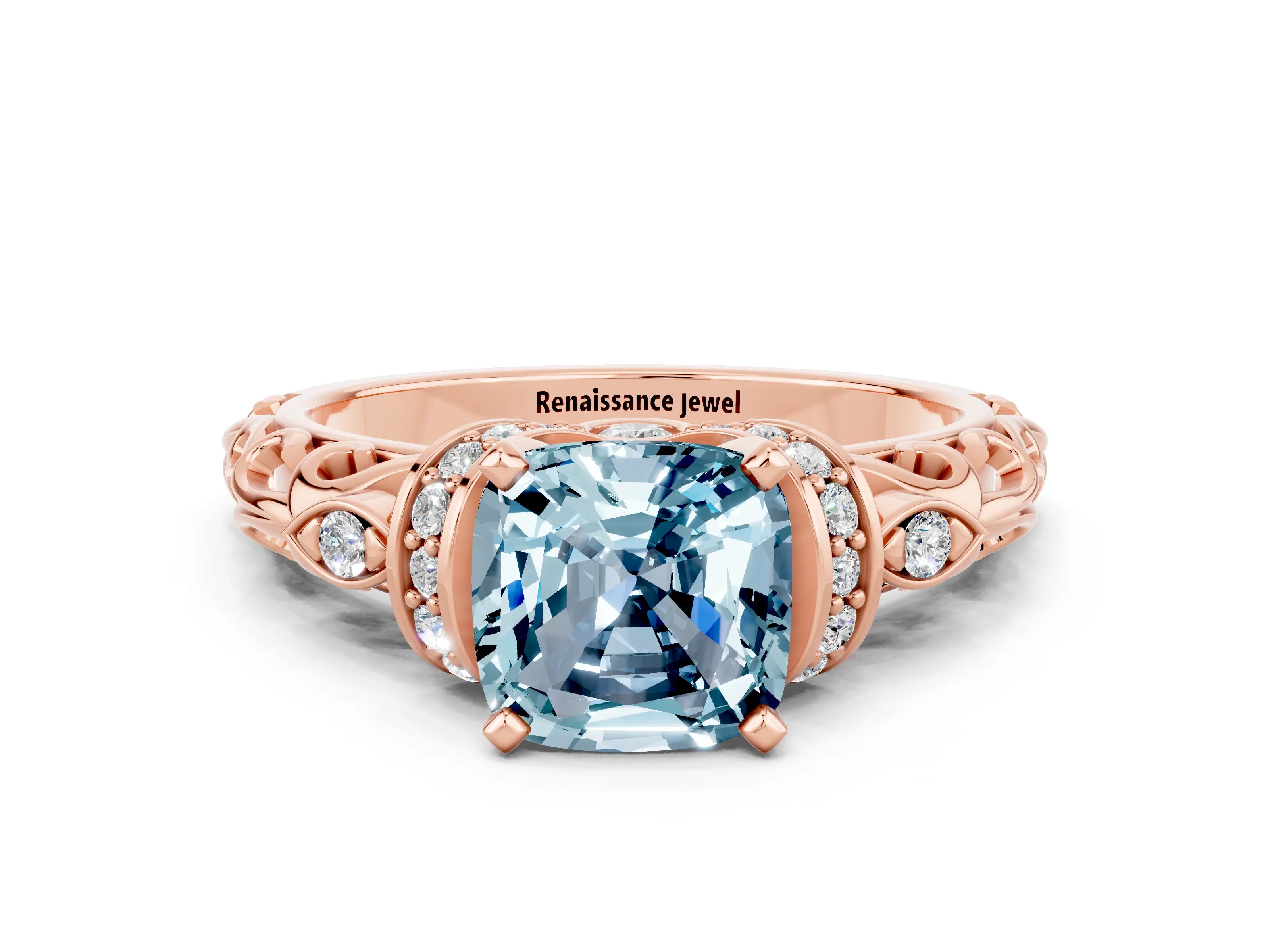 Rose gold Cushion Cut Aquamarine Solitaire Ring with Filigree Band and Four-Prong Setting_24