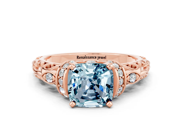 Rose gold Cushion Cut Aquamarine Solitaire Ring with Filigree Band and Four-Prong Setting