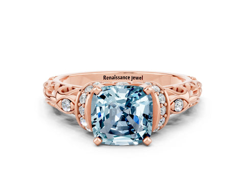 Rose gold Cushion Cut Aquamarine Solitaire Ring with Filigree Band and Four-Prong Setting_24