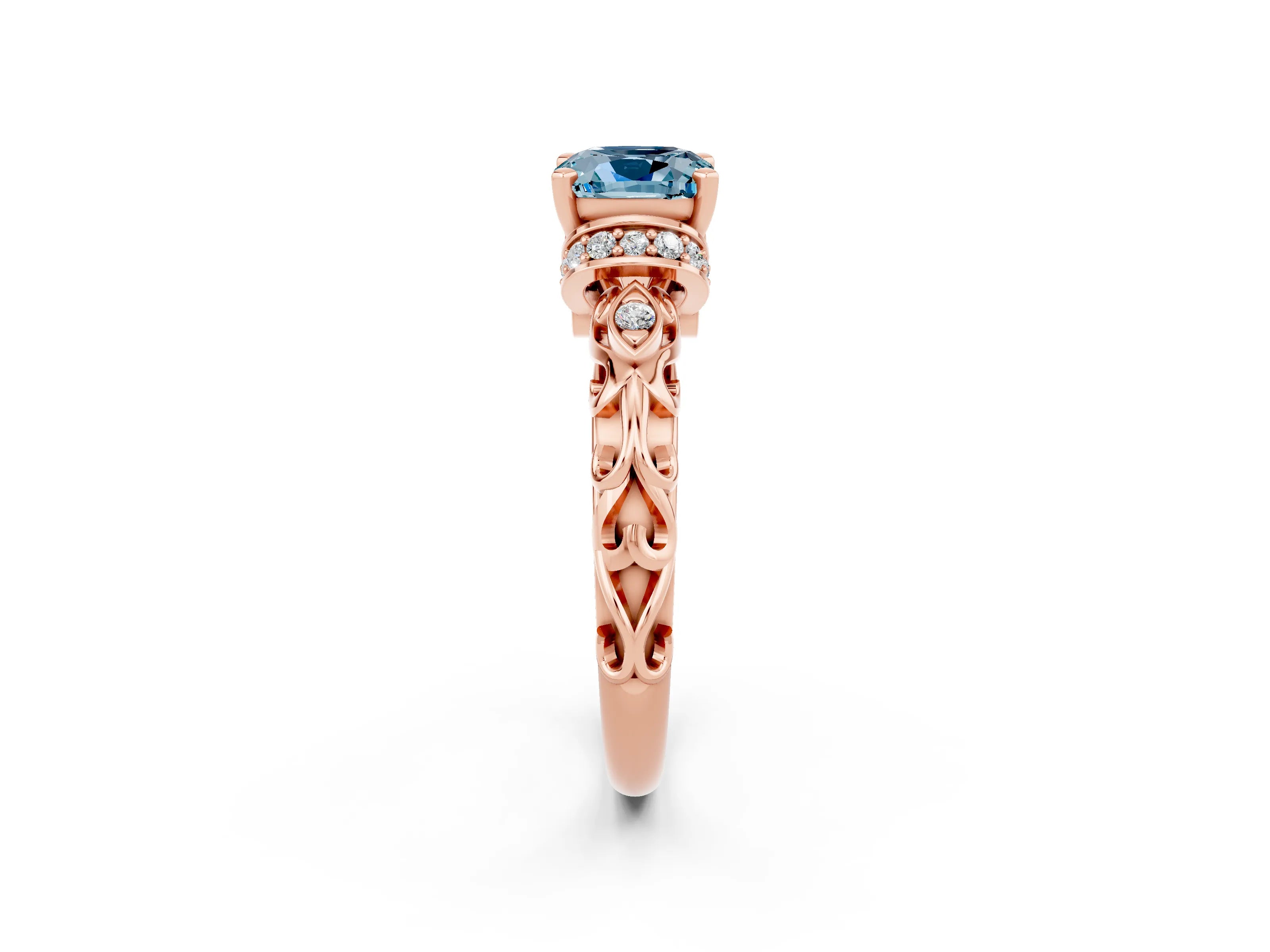 Rose gold Cushion Cut Aquamarine Solitaire Ring with Filigree Band and Four-Prong Setting_26