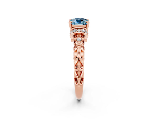 Rose gold Cushion Cut Aquamarine Solitaire Ring with Filigree Band and Four-Prong Setting
