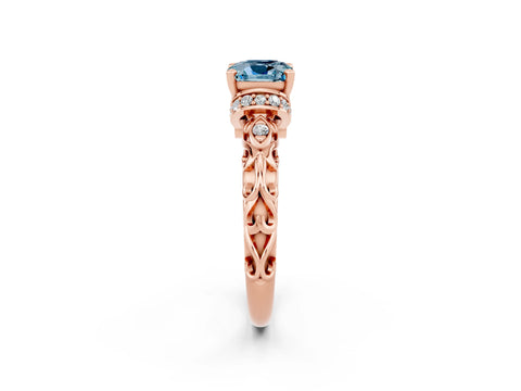 Rose gold Cushion Cut Aquamarine Solitaire Ring with Filigree Band and Four-Prong Setting_26