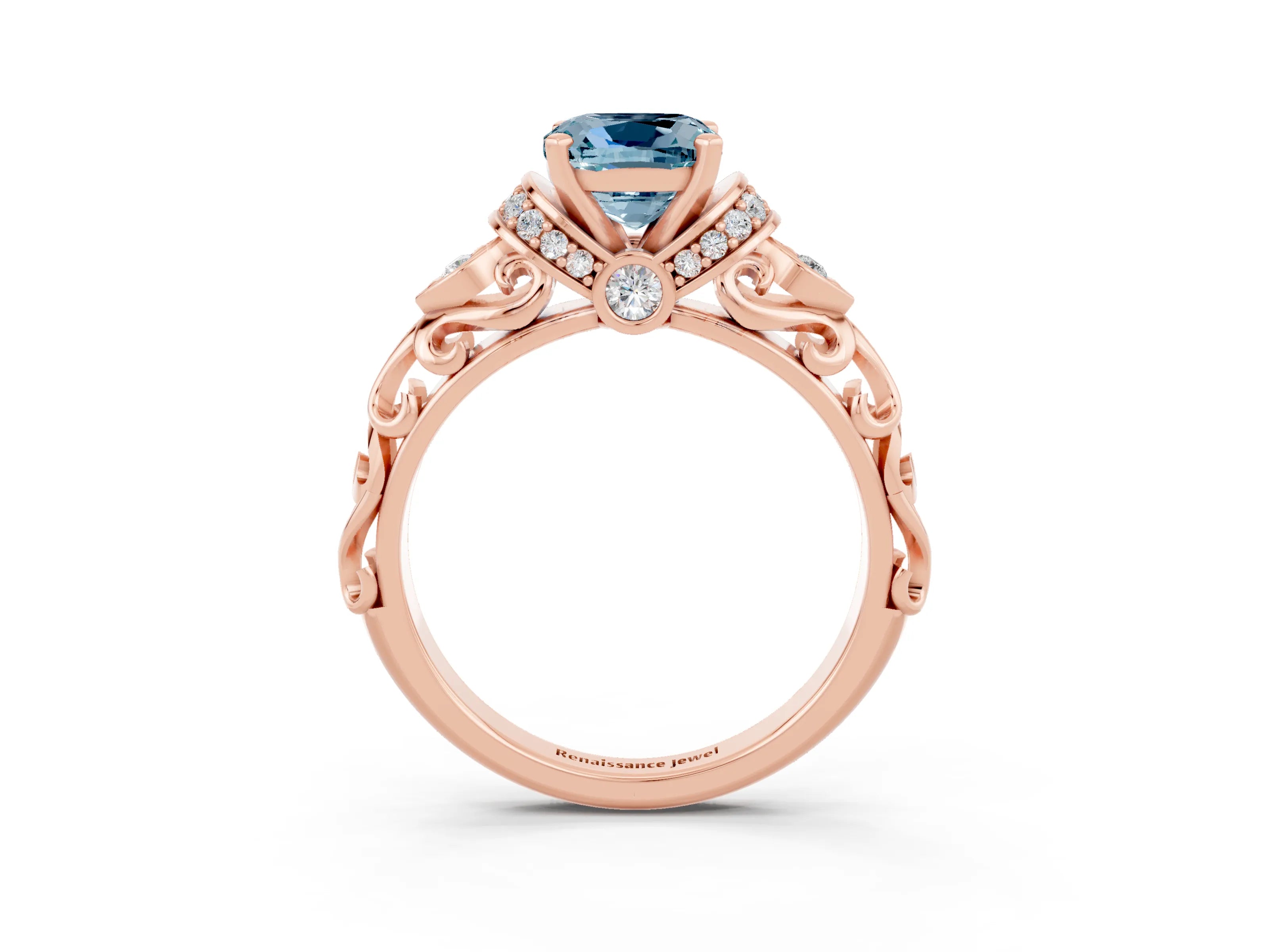 Rose gold Cushion Cut Aquamarine Solitaire Ring with Filigree Band and Four-Prong Setting_27