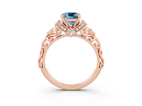 Rose gold Cushion Cut Aquamarine Solitaire Ring with Filigree Band and Four-Prong Setting_27