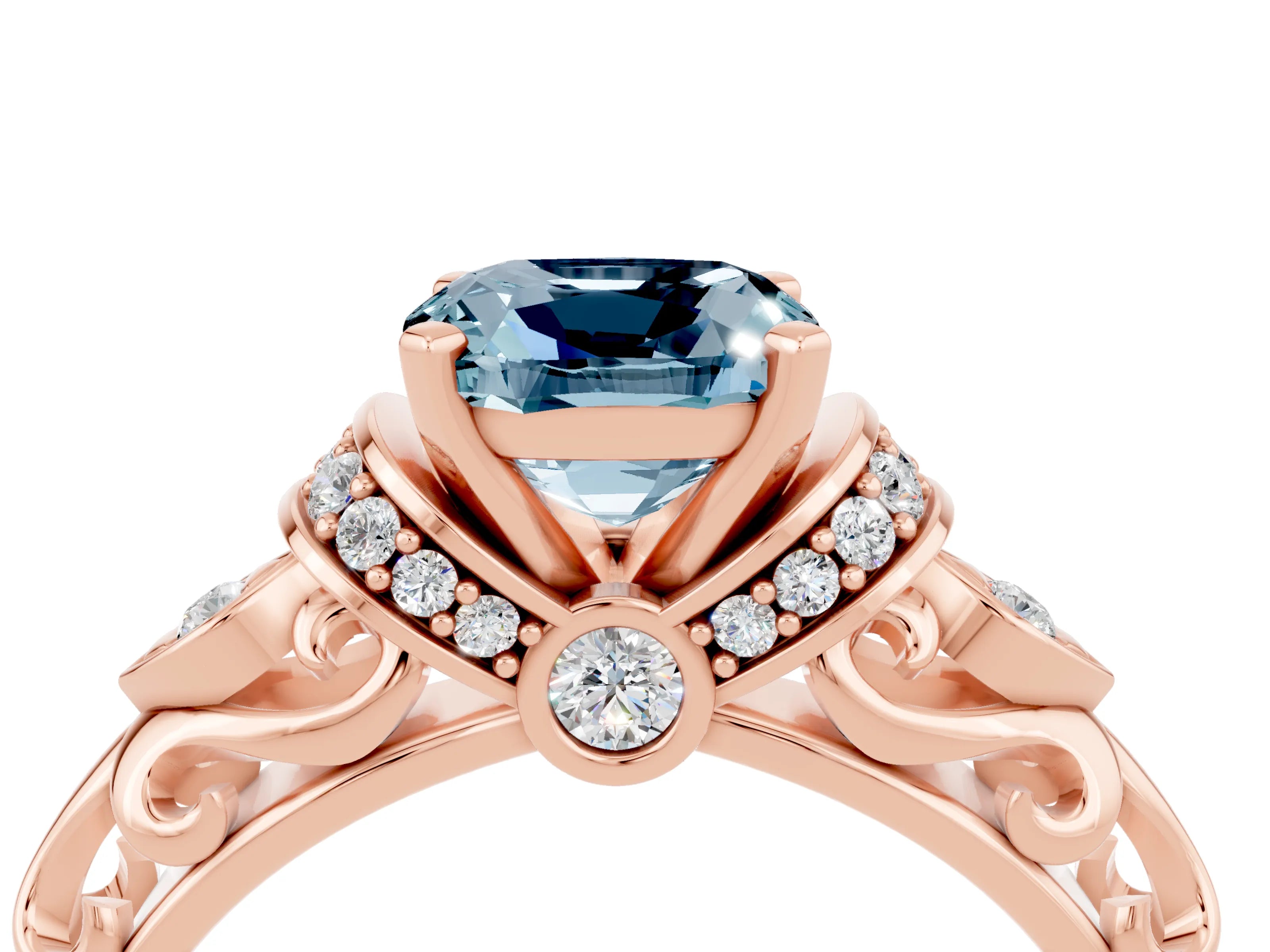 Rose gold Cushion Cut Aquamarine Solitaire Ring with Filigree Band and Four-Prong Setting_28