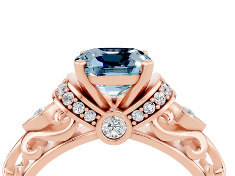 Rose gold Cushion Cut Aquamarine Solitaire Ring with Filigree Band and Four-Prong Setting_28