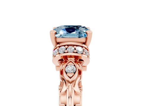 Rose gold Cushion Cut Aquamarine Solitaire Ring with Filigree Band and Four-Prong Setting_29