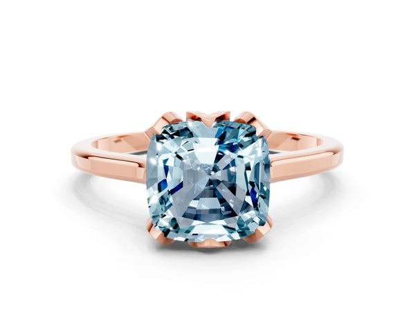 Rose gold Cushion Cut Aquamarine Solitaire Ring with Flower Prong Setting and Classic Band