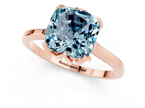 Rose gold Cushion Cut Aquamarine Solitaire Ring with Flower Prong Setting and Classic Band_13