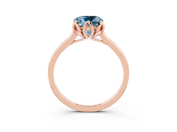 Rose gold Cushion Cut Aquamarine Solitaire Ring with Flower Prong Setting and Classic Band
