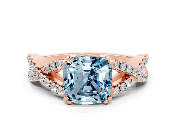 Rose gold Cushion Cut Aquamarine Solitaire Ring with Four-Prong Setting and Twisted Pavé Band