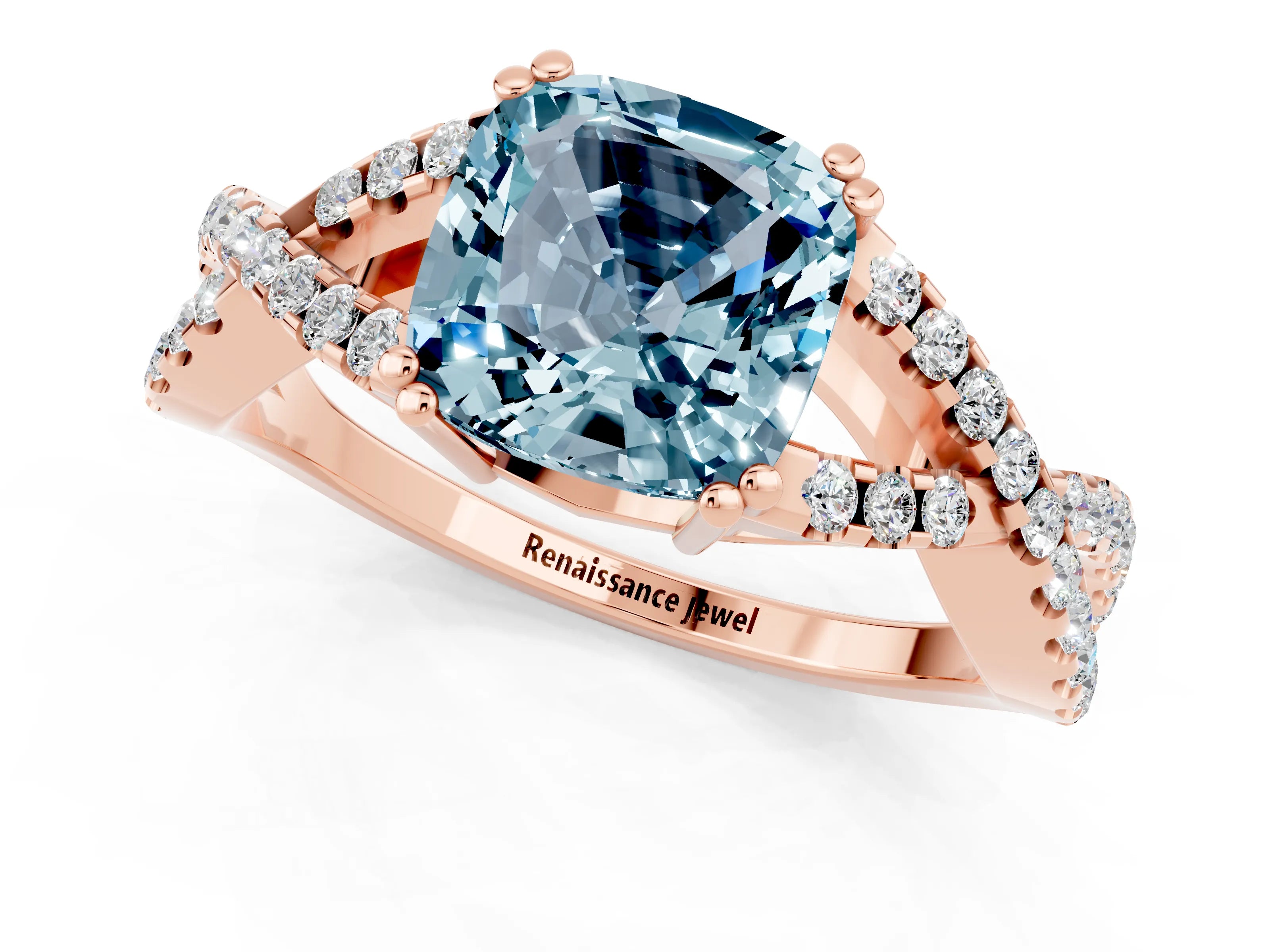 Rose gold Cushion Cut Aquamarine Solitaire Ring with Four-Prong Setting and Twisted Pavé Band_1