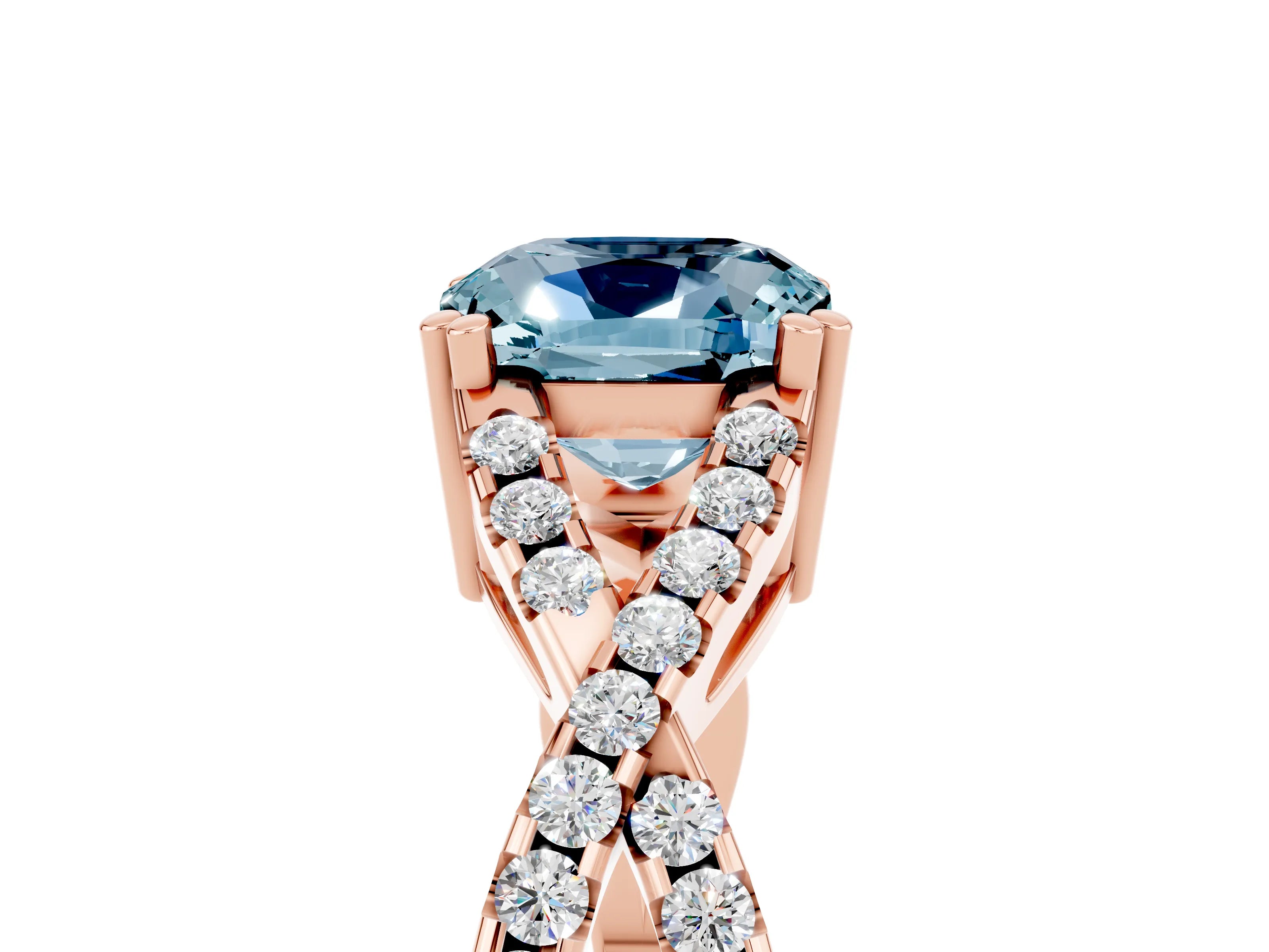 Rose gold Cushion Cut Aquamarine Solitaire Ring with Four-Prong Setting and Twisted Pavé Band_5