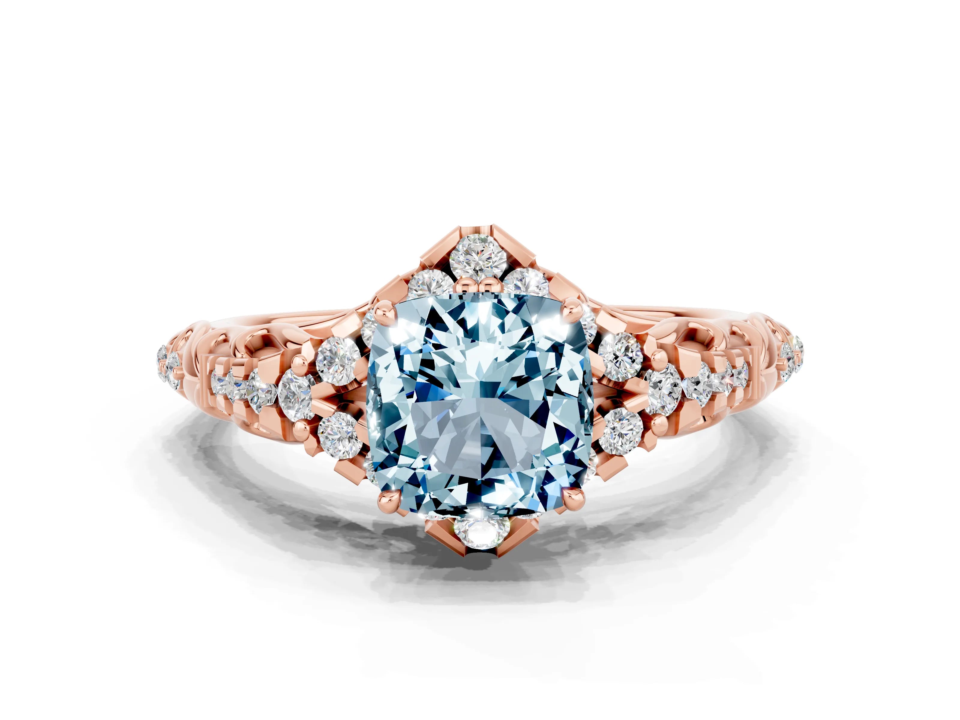 Rose gold Cushion Cut Aquamarine Solitaire Ring with Hidden Halo and Pavé Band_12