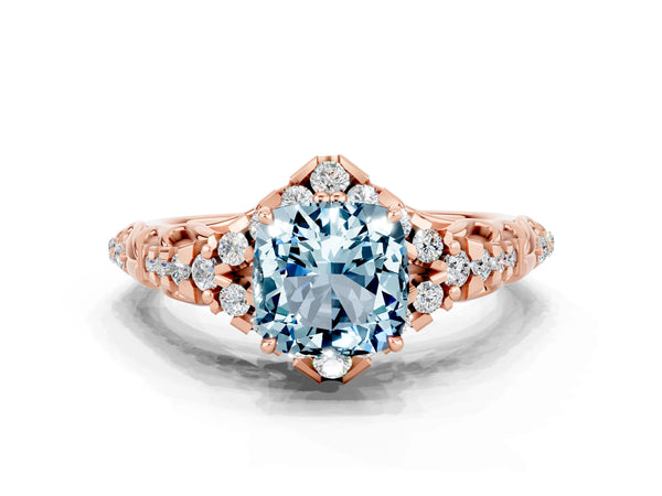 Rose gold Cushion Cut Aquamarine Solitaire Ring with Hidden Halo and Pavé Band