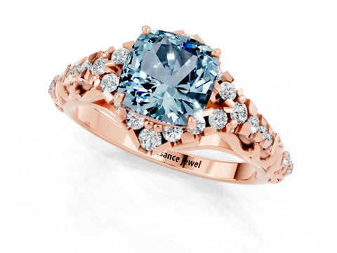 Rose gold Cushion Cut Aquamarine Solitaire Ring with Hidden Halo and Pavé Band_13