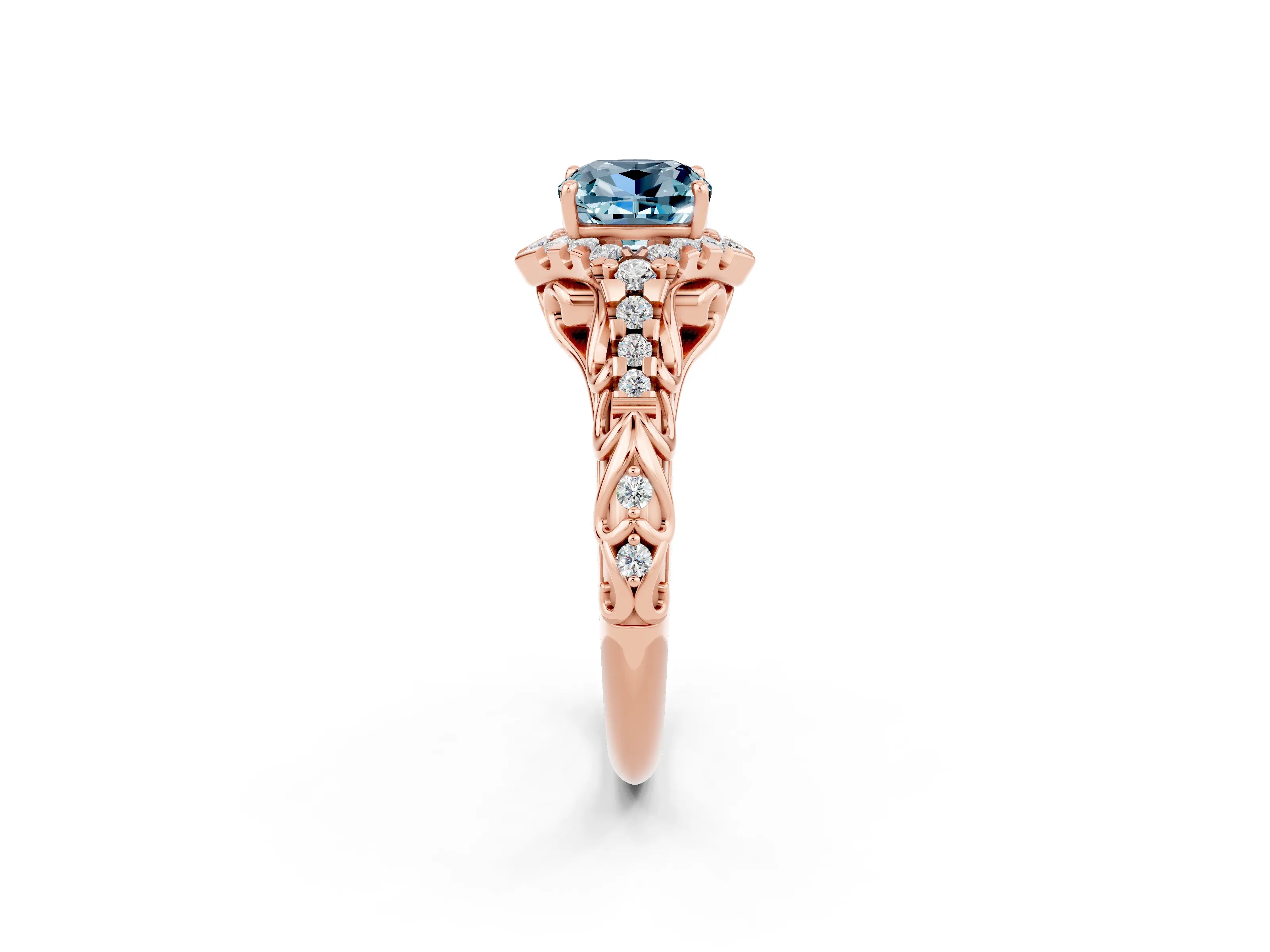 Rose gold Cushion Cut Aquamarine Solitaire Ring with Hidden Halo and Pavé Band_14