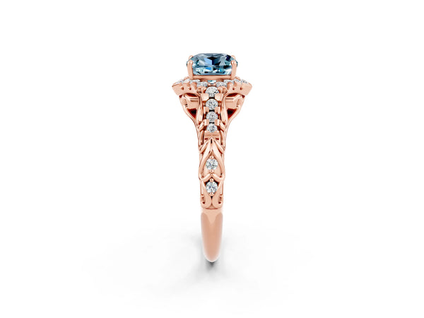 Rose gold Cushion Cut Aquamarine Solitaire Ring with Hidden Halo and Pavé Band