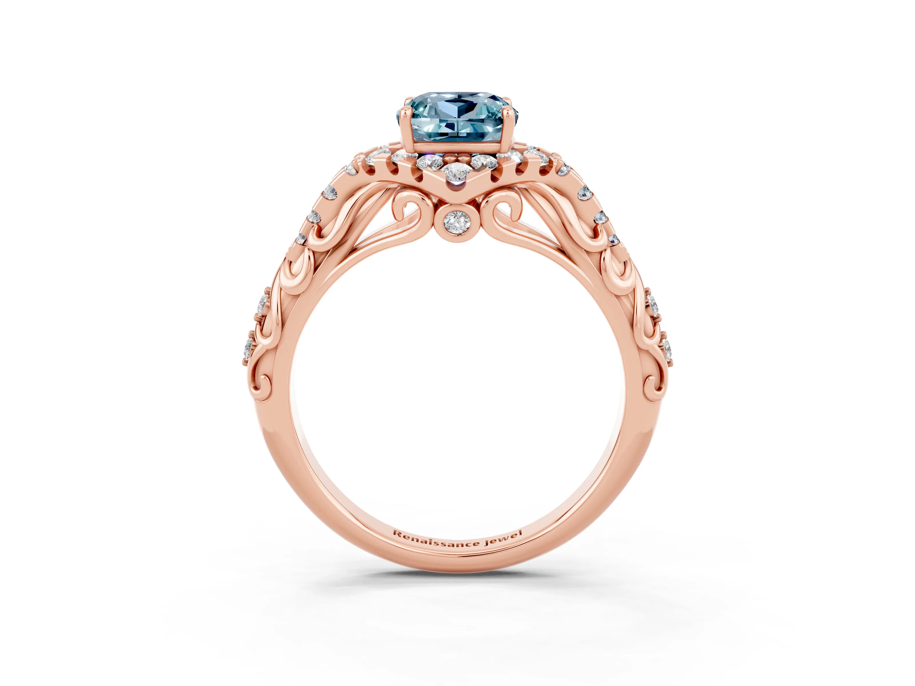 Rose gold Cushion Cut Aquamarine Solitaire Ring with Hidden Halo and Pavé Band_15