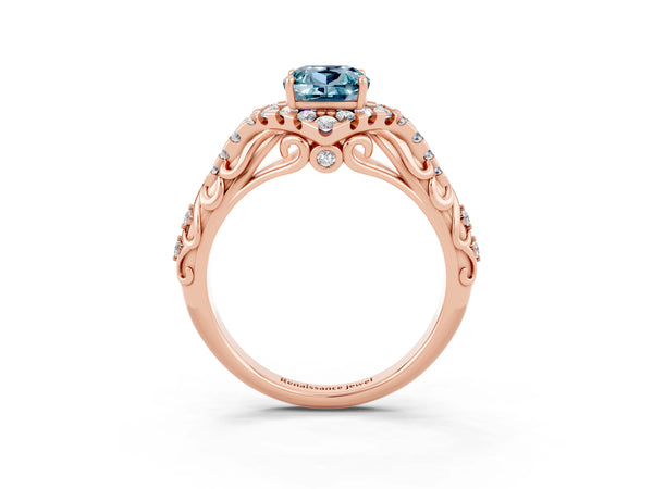 Rose gold Cushion Cut Aquamarine Solitaire Ring with Hidden Halo and Pavé Band